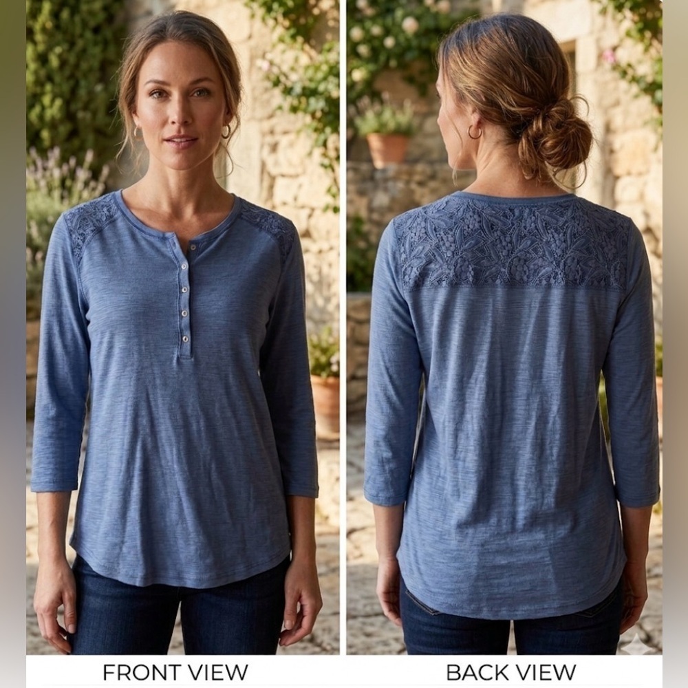 Chaps- Women's Blue Henley With Lace Accents Top